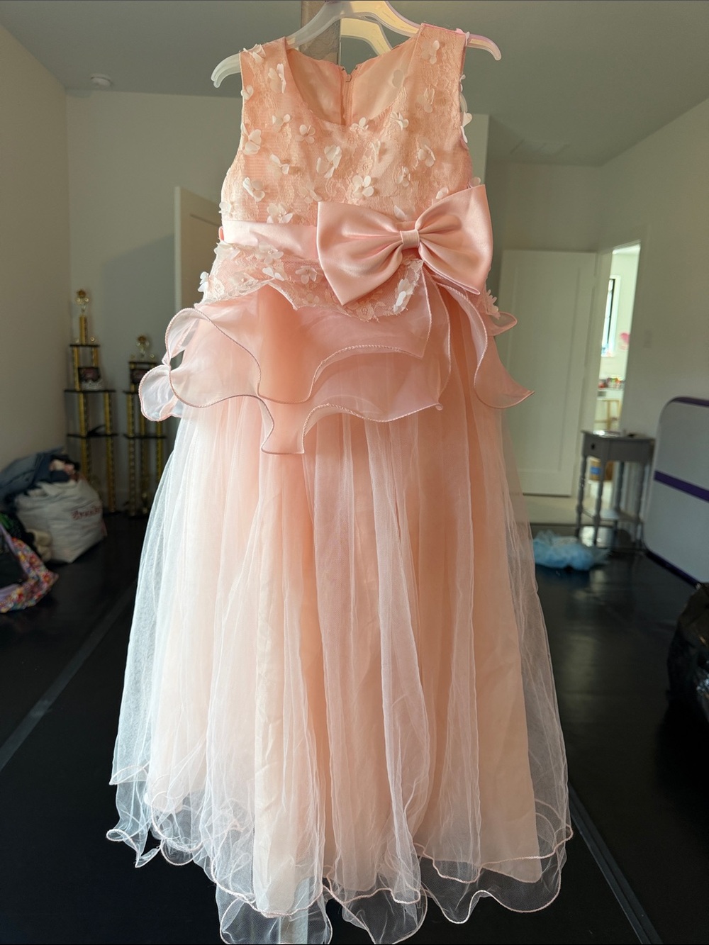 Stunning Girls Peach Pink Floral Pageant Ball Gown with Bow & Ruffles